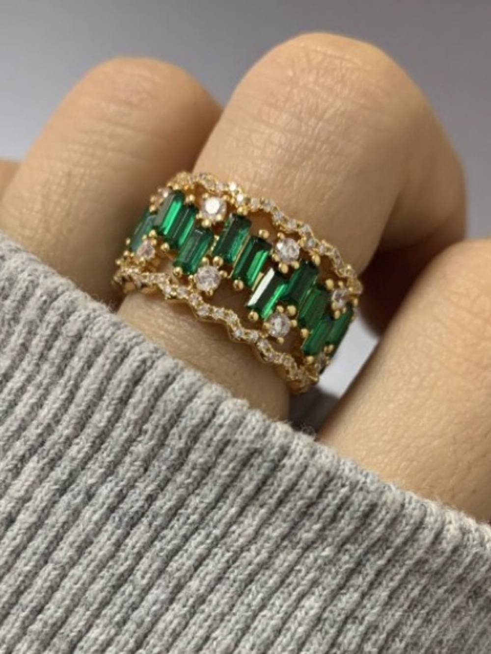 Italo Golden Triple Row Baguette Cut Emerald Wedding Band - Picture 8 of 8